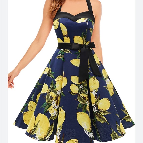 Dress Tells Dresses & Skirts - DRESS TELLS. Vintage Cocktail Halter Dress Yellow & Blue, Lemon print. S…
